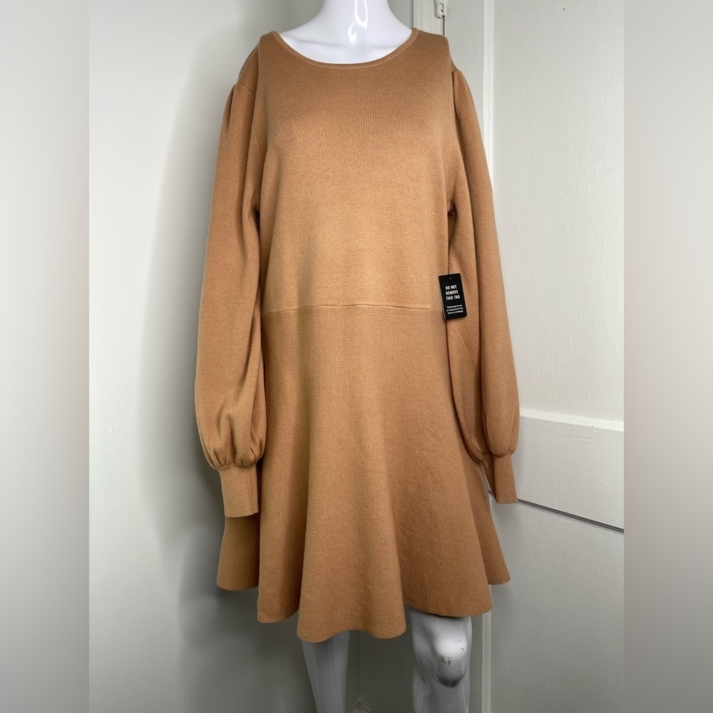 EXPRESS NWT Flare Long Sleeve Tan Brown Sweater Dress with Puff Sleeves